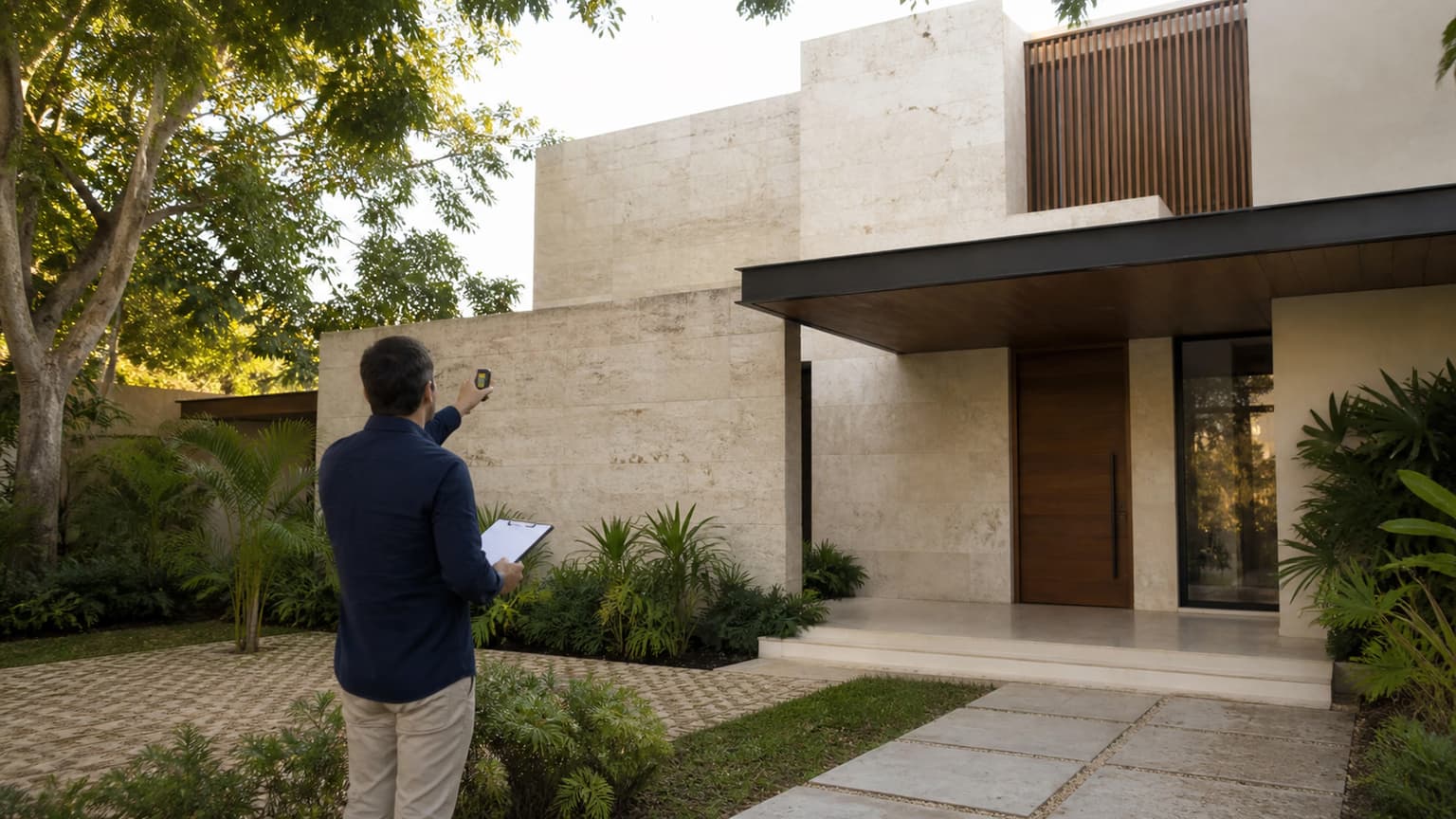 Profesional inspeccionando la fachada de una residencia contemporánea en Mérida