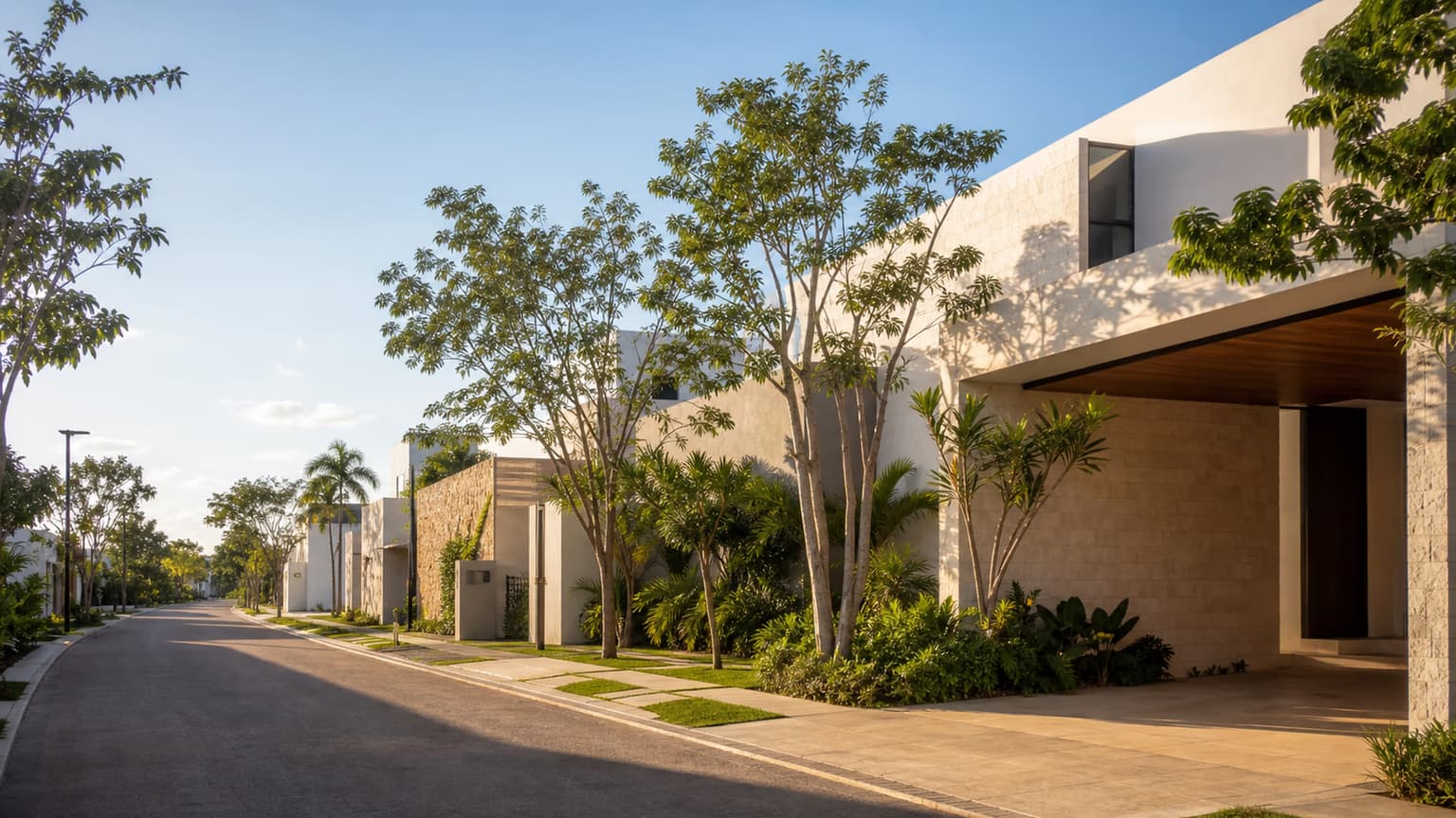 Calle residencial contemporánea al norte de Mérida con casas modernas y vegetación