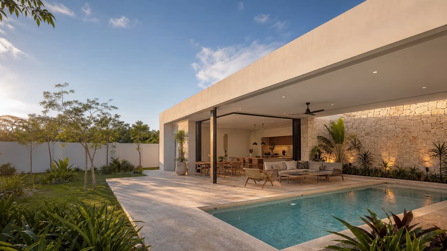 Terraza con piscina de una residencia contemporánea en Mérida